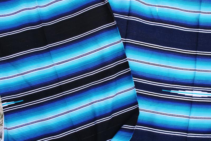 photo of vintage Mexican blanket bedspreads, large saltillo pair matching black blue woven stripes #5