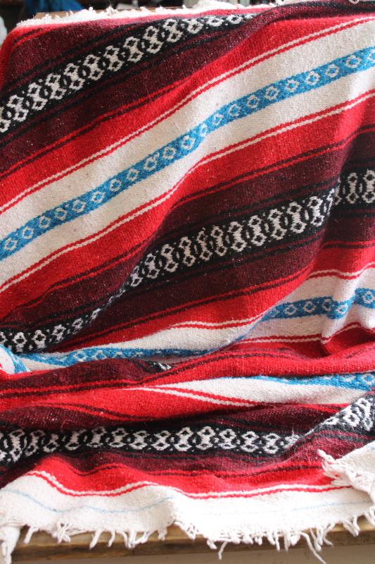 photo of vintage Mexican blanket or rug, red / aqua / black woven stripes falsa serape #1