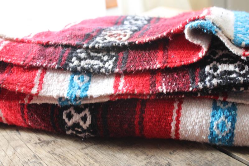 photo of vintage Mexican blanket or rug, red / aqua / black woven stripes falsa serape #2