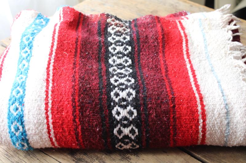 photo of vintage Mexican blanket or rug, red / aqua / black woven stripes falsa serape #3