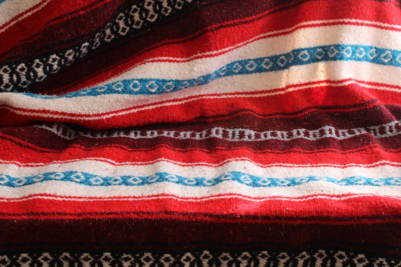 photo of vintage Mexican blanket or rug, red / aqua / black woven stripes falsa serape #4