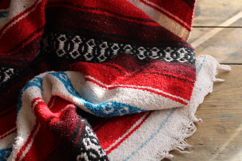 photo of vintage Mexican blanket or rug, red / aqua / black woven stripes falsa serape #5