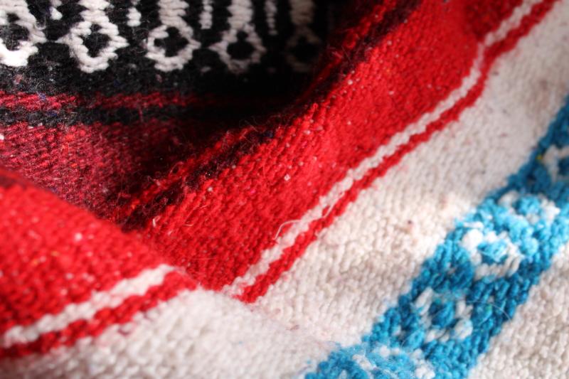 photo of vintage Mexican blanket or rug, red / aqua / black woven stripes falsa serape #6