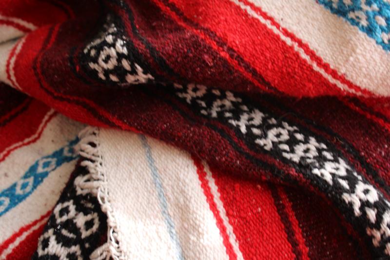 photo of vintage Mexican blanket or rug, red / aqua / black woven stripes falsa serape #7