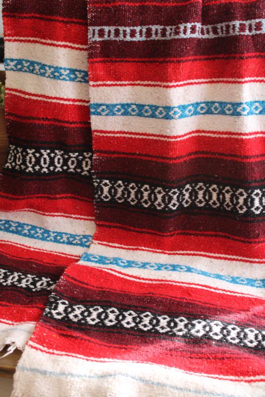 photo of vintage Mexican blanket or rug, red / aqua / black woven stripes falsa serape #8