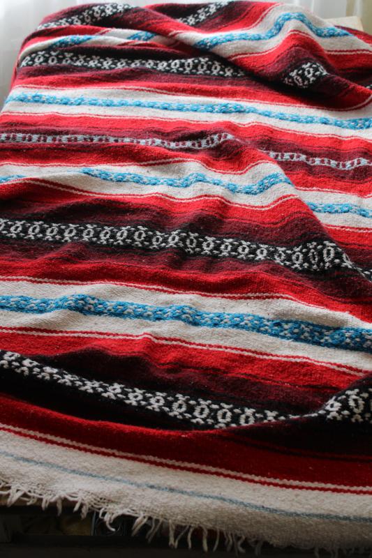 photo of vintage Mexican blanket or rug, red / aqua / black woven stripes falsa serape #10