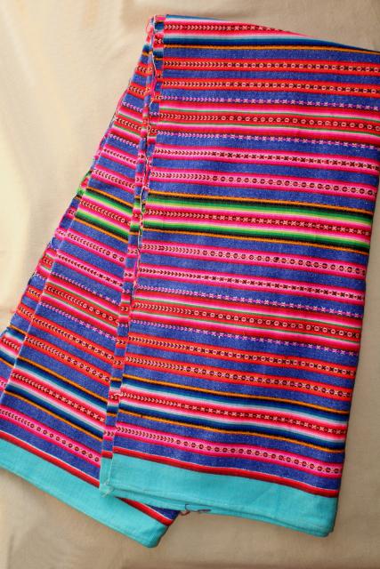 photo of vintage Mexican blanket tablecloth table cover, handwoven bright striped cloth #1