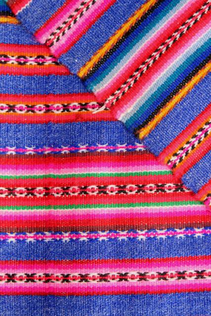 photo of vintage Mexican blanket tablecloth table cover, handwoven bright striped cloth #3
