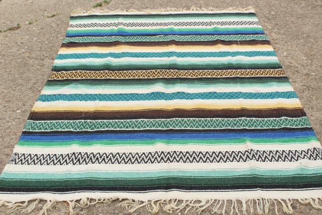 photo of vintage Mexican falsa blanket, serape striped acrylic Indian blanket rug #9