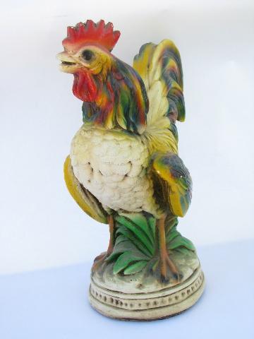 photo of vintage Mexican folk art hen & rooster chickens, brightly painted chalkware #1