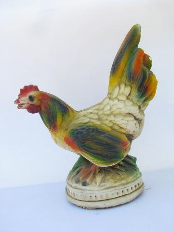 photo of vintage Mexican folk art hen & rooster chickens, brightly painted chalkware #4