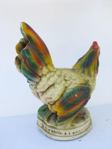 photo of vintage Mexican folk art hen & rooster chickens, brightly painted chalkware #6