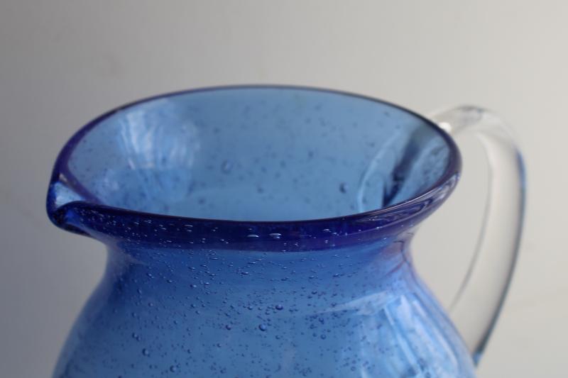 photo of vintage Mexican glass pitcher, cobalt blue water jug hand blown seeded glass  #2