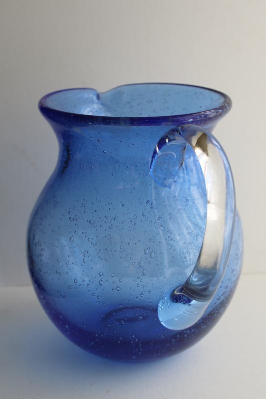 photo of vintage Mexican glass pitcher, cobalt blue water jug hand blown seeded glass  #3