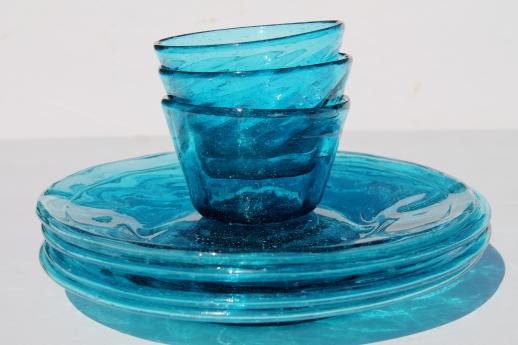 photo of vintage Mexican glass plates & bowls, hand-blown aqua blue glassware dishes #1