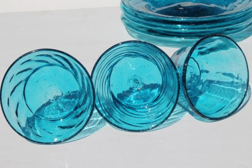 photo of vintage Mexican glass plates & bowls, hand-blown aqua blue glassware dishes #2