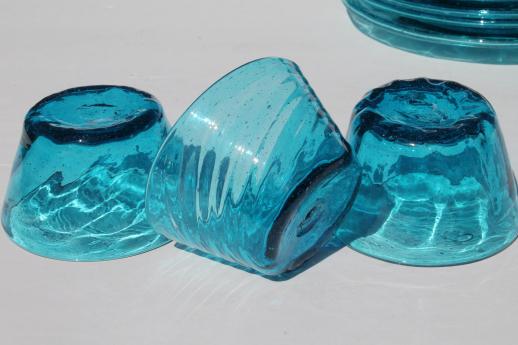 photo of vintage Mexican glass plates & bowls, hand-blown aqua blue glassware dishes #3