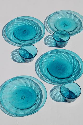 photo of vintage Mexican glass plates & bowls, hand-blown aqua blue glassware dishes #4