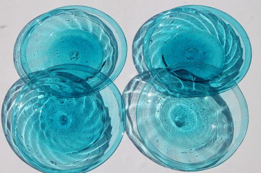 photo of vintage Mexican glass plates & bowls, hand-blown aqua blue glassware dishes #5