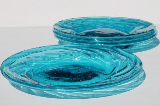 photo of vintage Mexican glass plates & bowls, hand-blown aqua blue glassware dishes #6