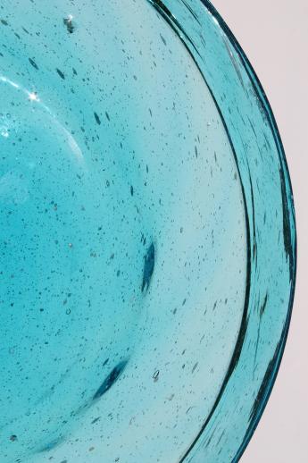 photo of vintage Mexican glass plates & bowls, hand-blown aqua blue glassware dishes #7