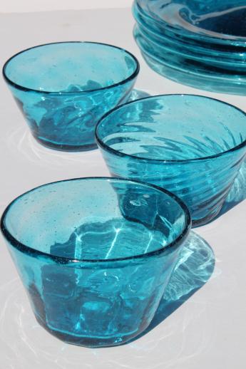 photo of vintage Mexican glass plates & bowls, hand-blown aqua blue glassware dishes #10