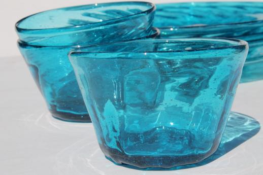 photo of vintage Mexican glass plates & bowls, hand-blown aqua blue glassware dishes #11