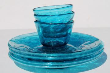 catalog photo of vintage Mexican glass plates & bowls, hand-blown aqua blue glassware dishes