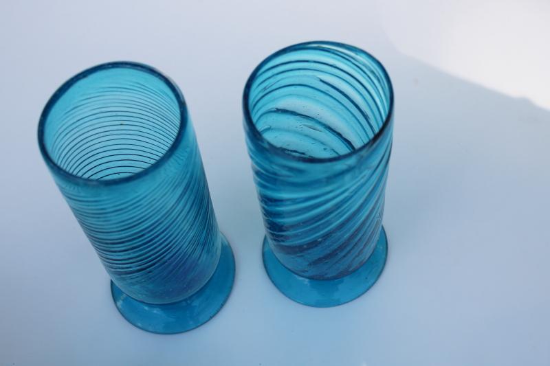 photo of vintage Mexican hand blown glass, aqua blue swirl vases or footed tumbler drinking glasses #4