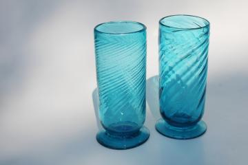 photo of vintage Mexican hand blown glass, aqua blue swirl vases or footed tumbler drinking glasses