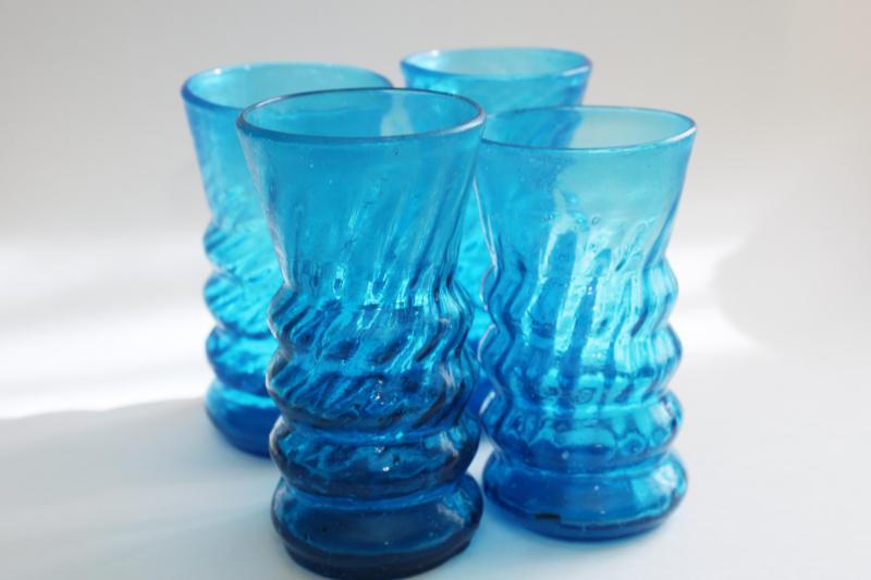 photo of vintage Mexican hand blown glass drinking glasses, turquoise blue swirl tumblers #2