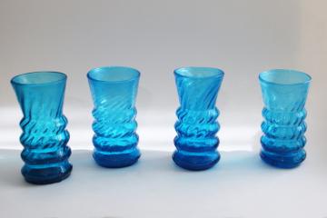 photo of vintage Mexican hand blown glass drinking glasses, turquoise blue swirl tumblers