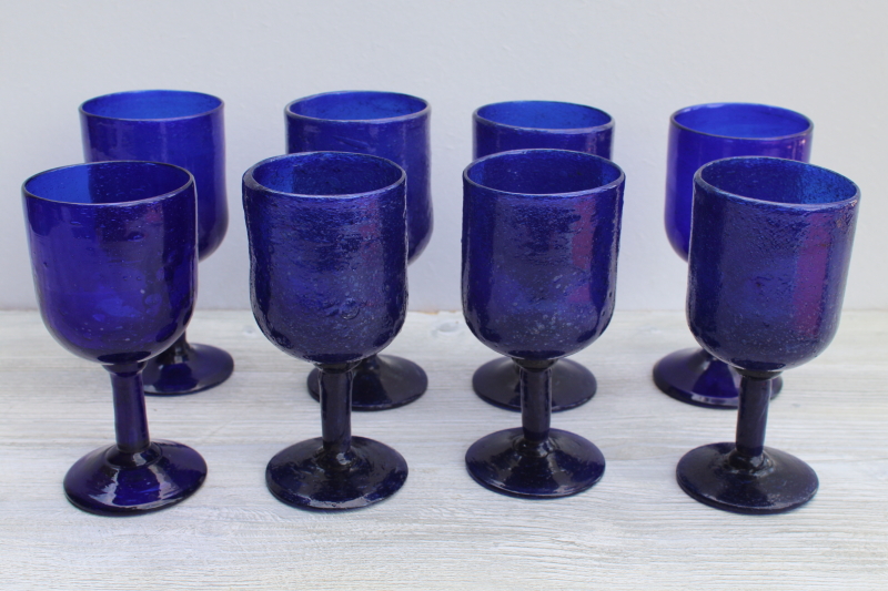 photo of vintage Mexican hand blown glass goblets, bubble seeded texture cobalt blue glass stemware #1