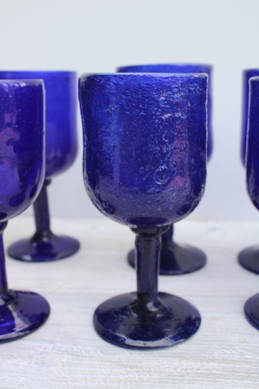 photo of vintage Mexican hand blown glass goblets, bubble seeded texture cobalt blue glass stemware #2