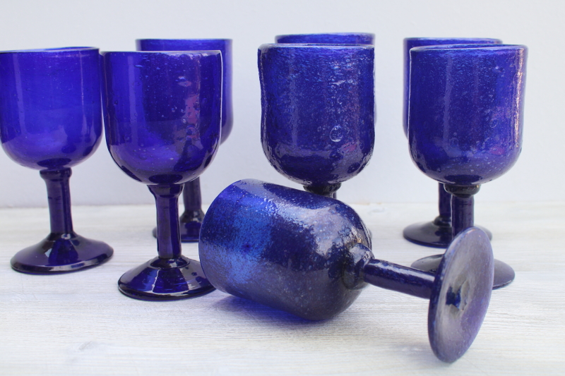 photo of vintage Mexican hand blown glass goblets, bubble seeded texture cobalt blue glass stemware #3