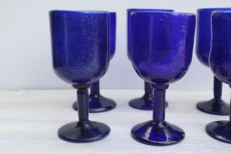 photo of vintage Mexican hand blown glass goblets, bubble seeded texture cobalt blue glass stemware #5