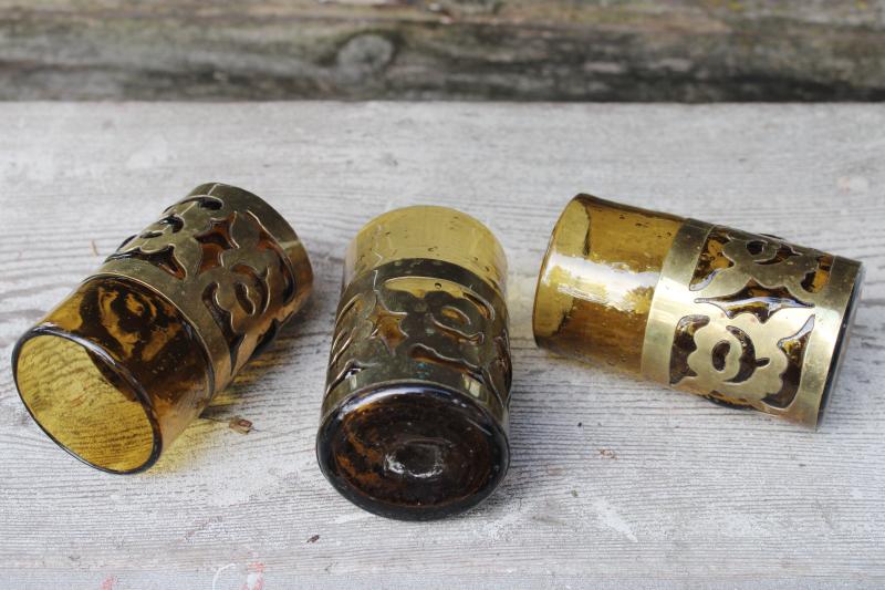 photo of vintage Mexican hand blown glass vases or drinking glasses, brass caged glass amber gold #3