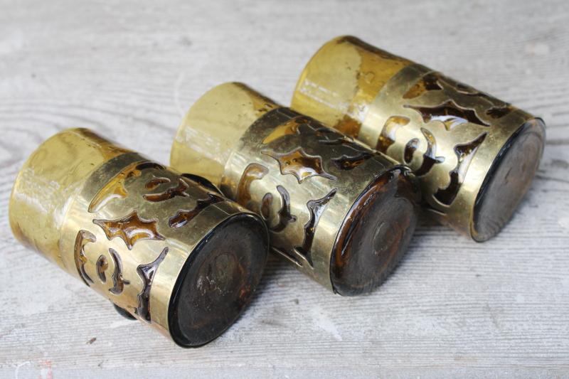 photo of vintage Mexican hand blown glass vases or drinking glasses, brass caged glass amber gold #4