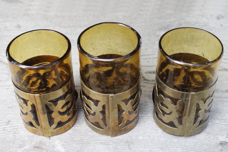 photo of vintage Mexican hand blown glass vases or drinking glasses, brass caged glass amber gold #5