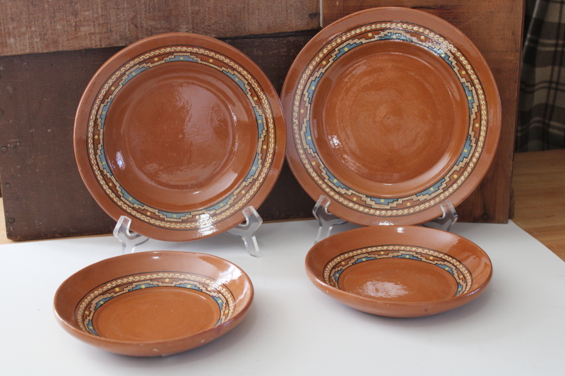 photo of vintage Mexican pottery, Aztec style hand painted red clay terracotta plates & bowls  #1