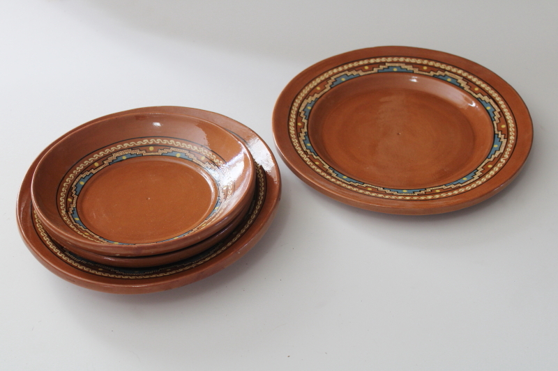 photo of vintage Mexican pottery, Aztec style hand painted red clay terracotta plates & bowls  #3