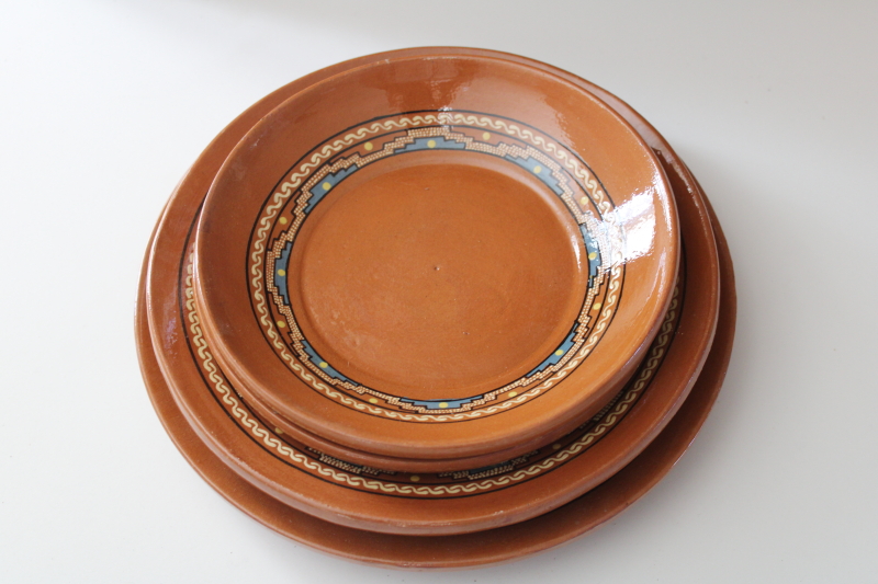 photo of vintage Mexican pottery, Aztec style hand painted red clay terracotta plates & bowls  #4