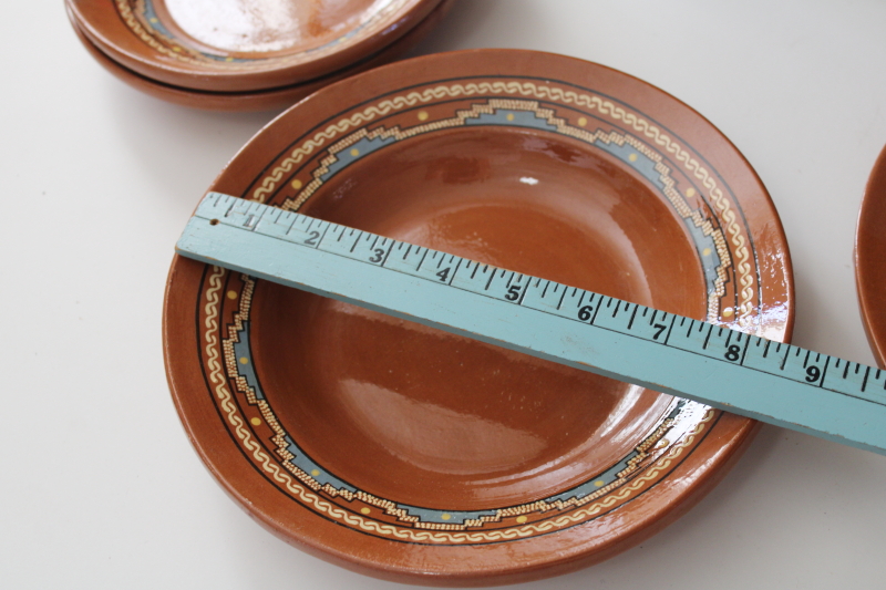 photo of vintage Mexican pottery, Aztec style hand painted red clay terracotta plates & bowls  #6