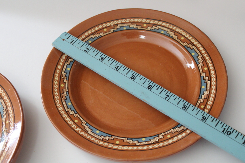 photo of vintage Mexican pottery, Aztec style hand painted red clay terracotta plates & bowls  #7