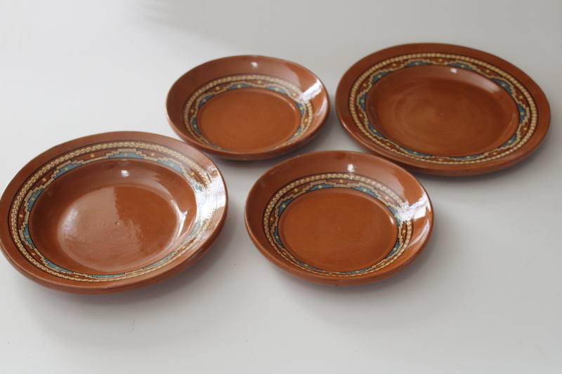 photo of vintage Mexican pottery, Aztec style hand painted red clay terracotta plates & bowls  #8