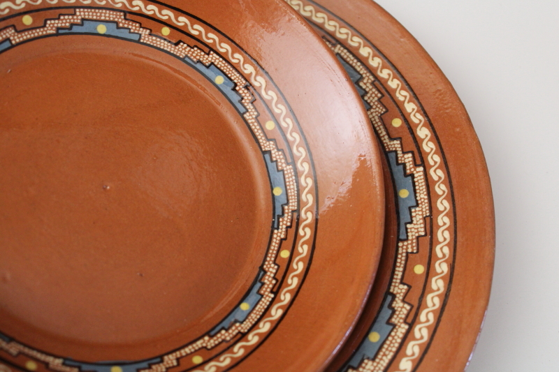 photo of vintage Mexican pottery, Aztec style hand painted red clay terracotta plates & bowls  #9