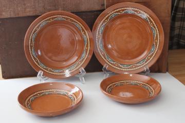 catalog photo of vintage Mexican pottery, Aztec style hand painted red clay terracotta plates & bowls 