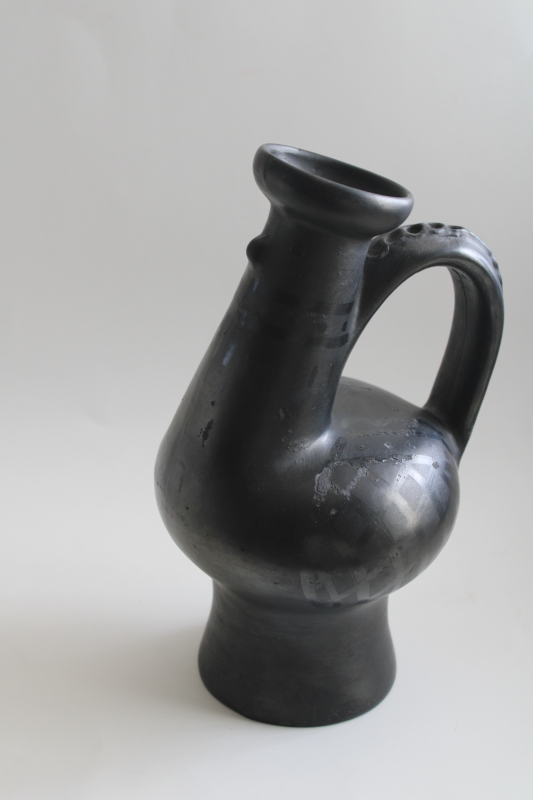 photo of vintage Mexican pottery black clay rooster chicken shape jug, vase or pitcher #1