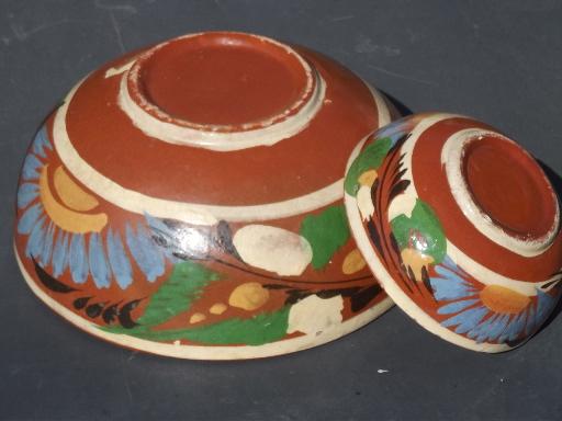 photo of vintage Mexican pottery bowls, hand-painted chips and salsa bowl set #4