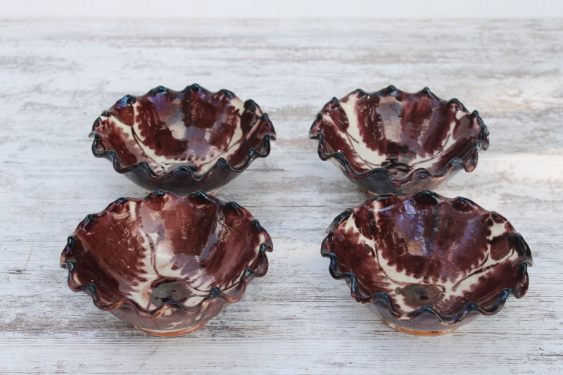 photo of vintage Mexican pottery bowls set, brown & white drip glaze red clay Oaxaca Mexico #1